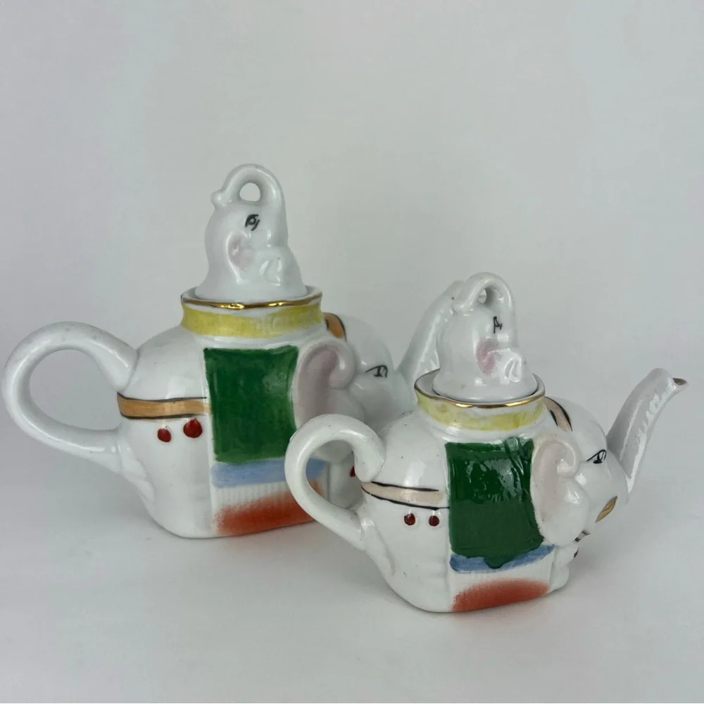 Vintage Pier 1 Set Of 2 Elephant Teapot & Creamer W/ Lids Porcelain Painted